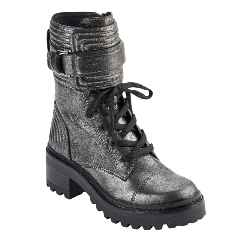 DKNY Women Metallic Silver Quilted Buckled Lug Sole Combat Chunky Boot Goth $159